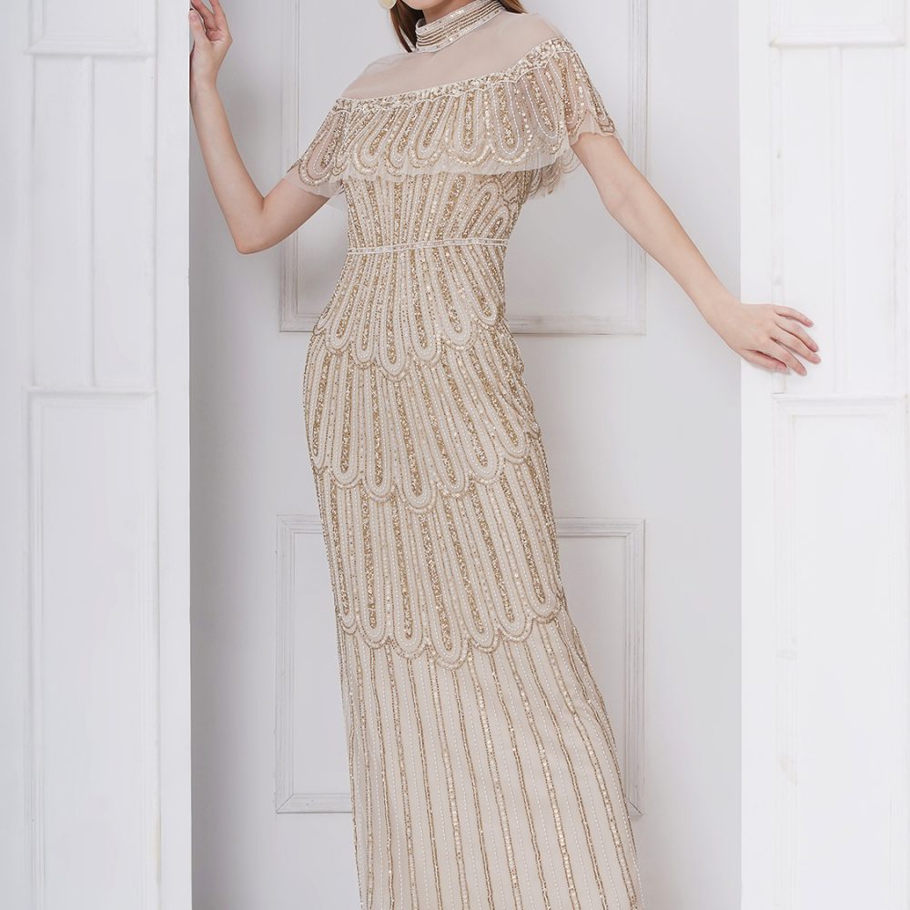 Faux Cape Illusion at Neckline Gown